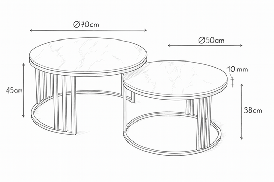Set 2 măsuțe de cafea din metal și marmură artificială, 70+50 cm, albe, cadru auriu