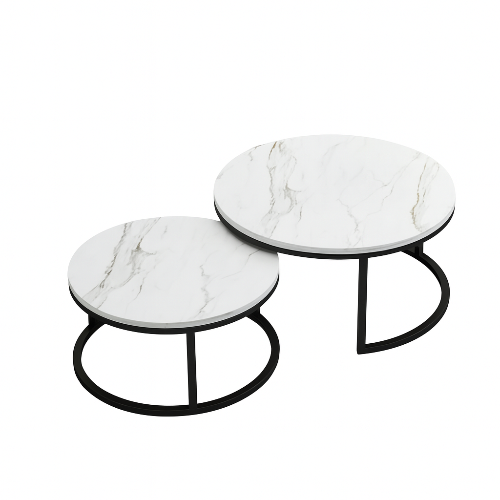 Set 2 măsuțe de cafea din metal și marmură artificială, 70+50 cm, albe, cadru negru