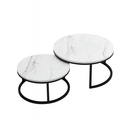 Set 2 măsuțe de cafea din metal și marmură artificială, 70+50 cm, albe, cadru negru