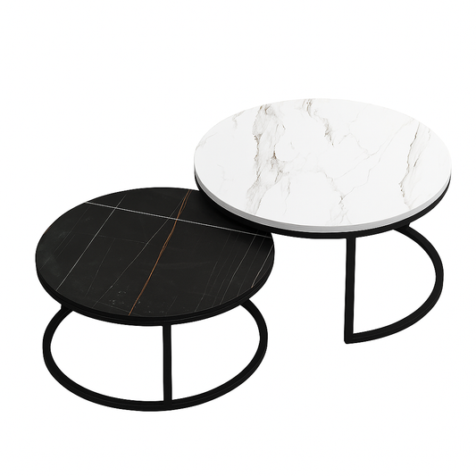 Set 2 măsuțe de cafea din metal și marmură artificială, 70+50 cm, alb+negru, cadru negru