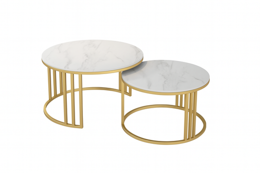 Set 2 măsuțe de cafea din metal și marmură artificială, 70+50 cm, albe, cadru auriu